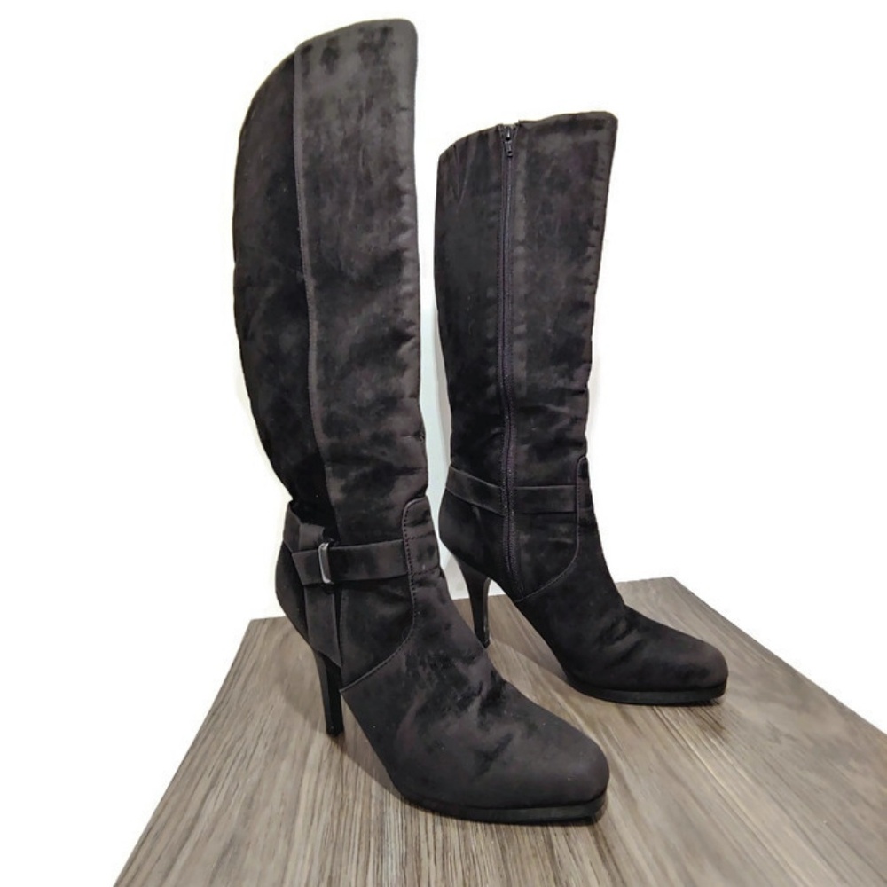 WORTHINGTON Knee Boots Black Faux Suede 4" sz 8M